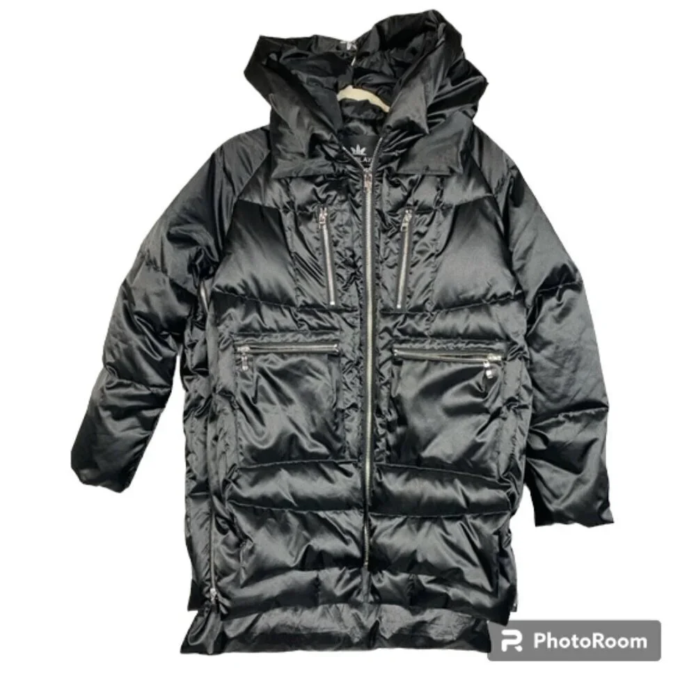 Orolay black satin finish puffer coat S duck down fill urban edgy mid length - Picture 3 of 13